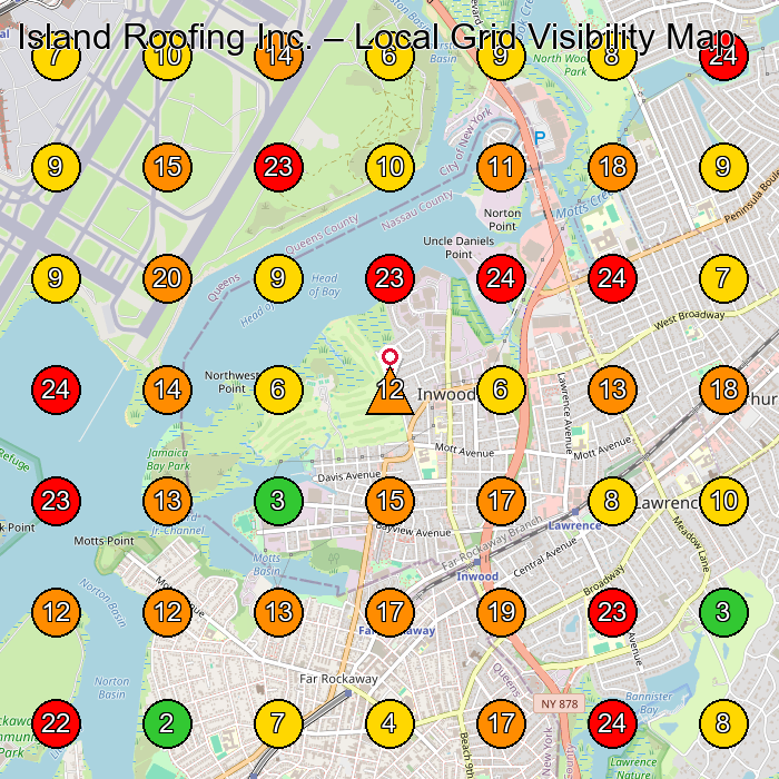 Island Roofing Inc. Roofing Contractor GeoGrid ranking map for Inwood NY